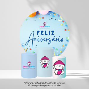 KIT FESTA PERSONALIZADO HELANCA PLUS 0.120 G/M2 1,50m x 1,50m 4x0 COR - IMPRESSÃO ULTRA HD SUBLIMÁTICA EPSON ESTRUTURA E CILINDROS NÃO INCLUSOS COSTURA OVERLOQUE COM ELÁSTICO 01 TECIDO REDONDO E 03 TECIDOS CILÍNDRICOS